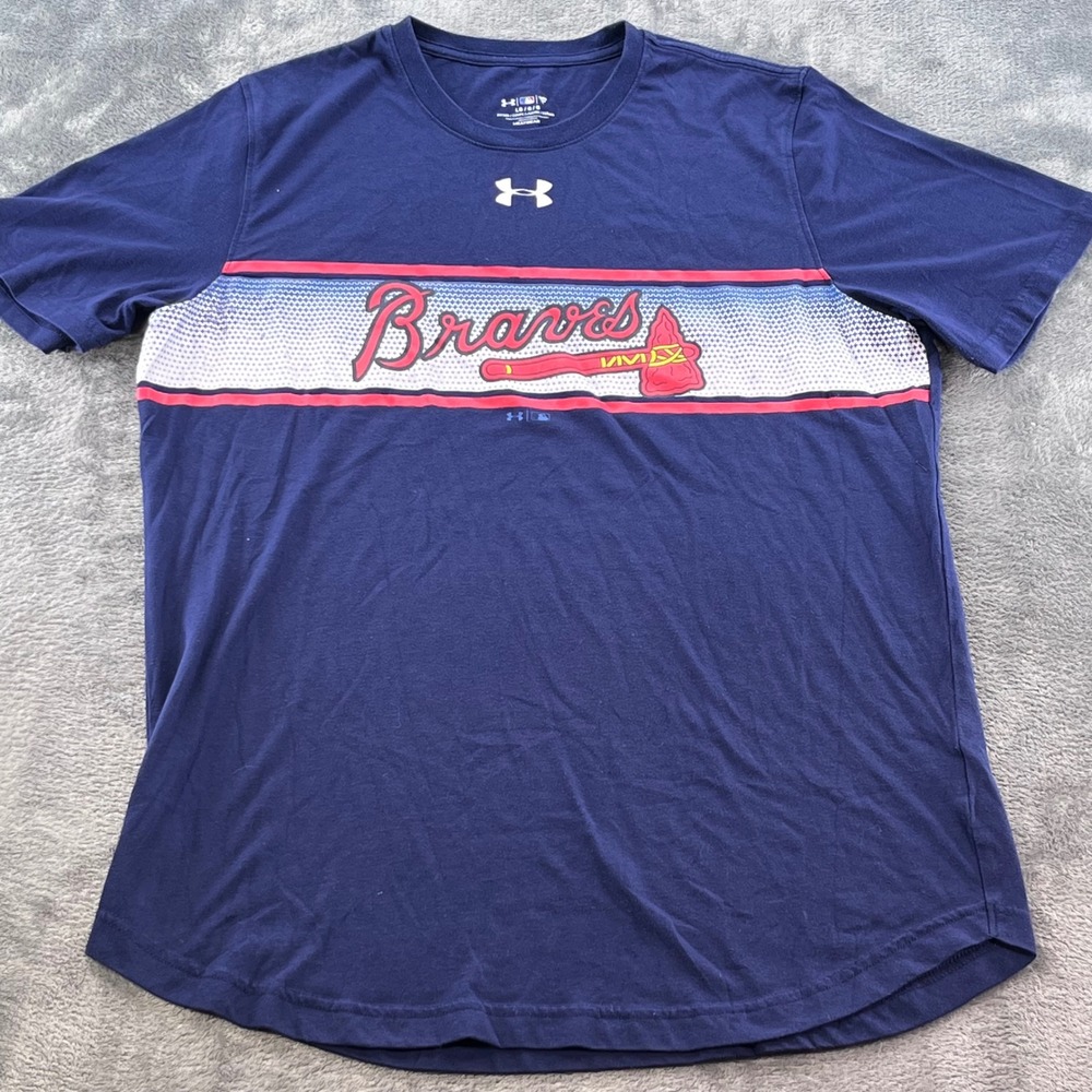 Under Armour MLB Atlanta Braves HeatGear Navy Blue T-Shirt Mens Large Fitted